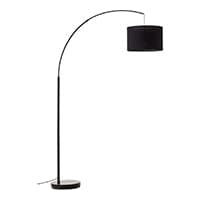 Schwarze Bogenlampe mit rundem Lampenschirm und stabilem Standfuß