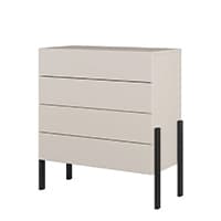 Beige Kommode mit vier Schubladen und schwarzen Beinen.