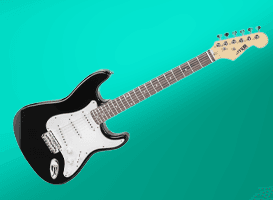 Schwarze E-Gitarre mit weißem Schlagbrett vor türkisfarbenem Hintergrund