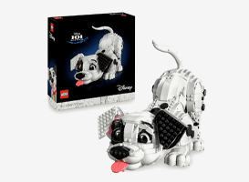 LEGO Disney 101 Dalmatiner – baubarer Dalmatiner-Hund mit heraushängender Zunge vor der passenden Produktbox