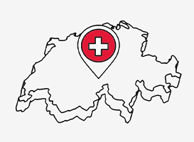 Carte de la Suisse avec un repère rouge central affichant une croix blanche
