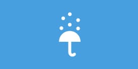 Weißes Regenschirm-Symbol mit fallenden Tropfen auf blauem Hintergrund