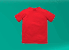 Rotes kurzärmeliges T‑Shirt von hinten vor türkisfarbenem Hintergrund