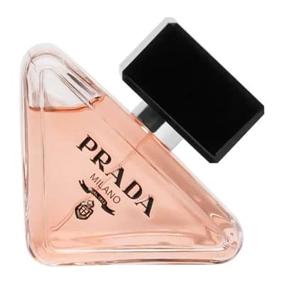Parfümflasche von Prada Milano mit rosa Flüssigkeit und schwarzem Deckel, in dreieckiger Form