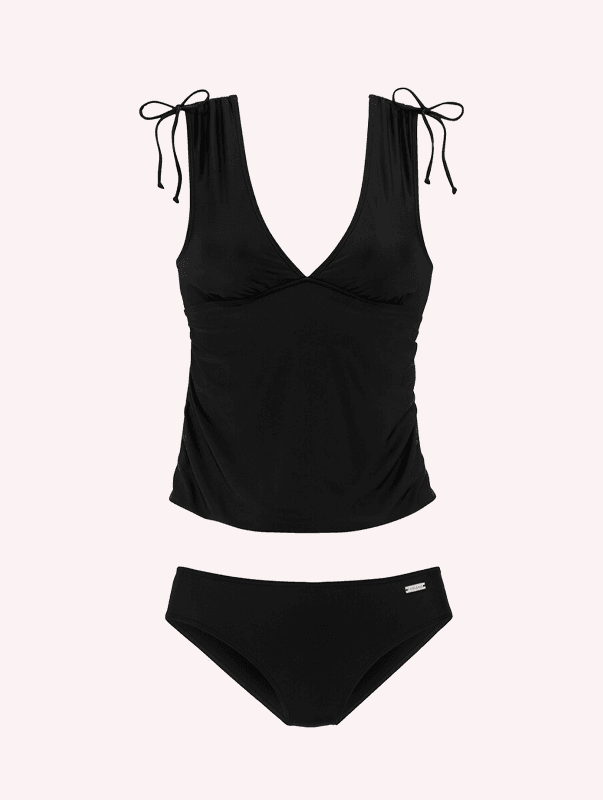 Schwarzes Tankini-Set mit tiefem V-Ausschnitt, Bindebändern an den Schultern und schlichter Bikinihose
