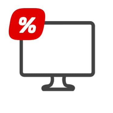 Prozentzeichen im roten Feld über einem Monitor-Symbol für Rabatt auf Computerbildschirme