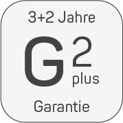3+2 Jahre G2 plus Garantie als schwarzer Schriftzug auf hellem Hintergrund