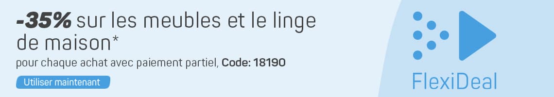 -35 % sur les meubles et le linge de maison, code 18190 – Bannière FlexiDeal avec bouton « Utiliser maintenant »