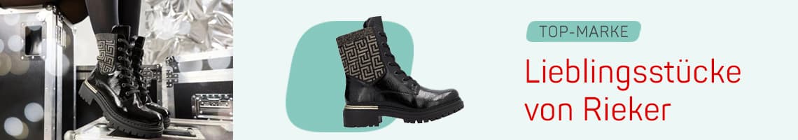 Top-Marke – Lieblingsstücke von Rieker – schwarzer Schnürstiefel mit gemustertem Schaft vor hellgrünem Hintergrund