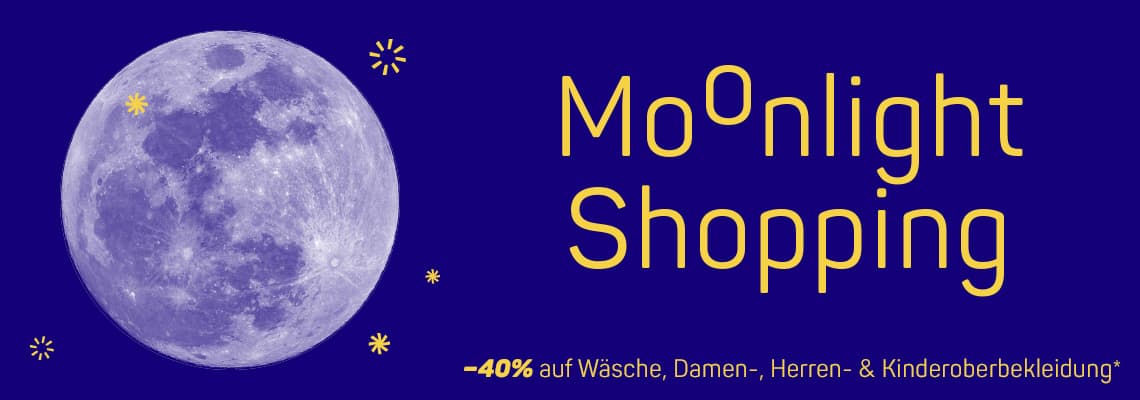 -40 % auf Wäsche, Damen-, Herren- und Kinderoberbekleidung – großer Vollmond vor dunkelblauem Nachthimmel