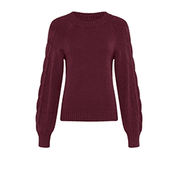 Bordeauxfarbener Pullover mit Rundhalsausschnitt und gerippten Bündchen, von vorne dargestellt