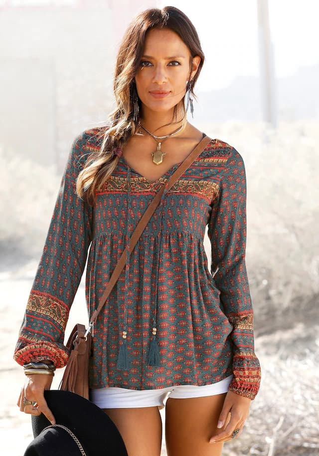 Schlupfbluse, mit Ethnodruck und Zierperlen