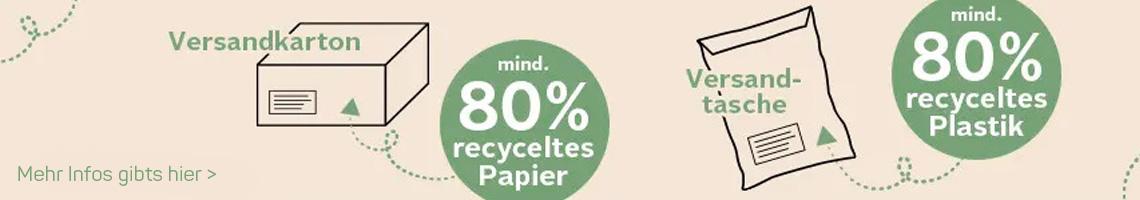 Versandtasche und Versandkarton aus mindestens 80 % recyceltem Material.