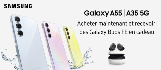 Achetez dès maintenant le Samsung Galaxy A55 5G et le Samsung Galaxy A35 5G et recevez gratuitement les Galaxy Buds FE en cadeau.