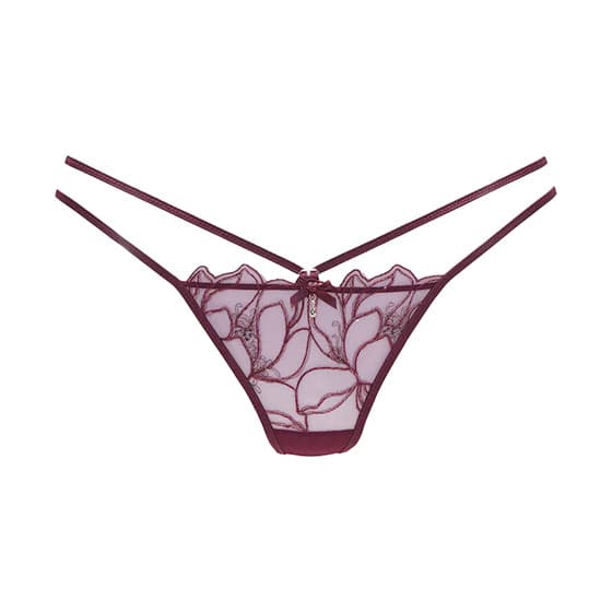 Weinroter Slip mit transparenten Einsätzen und floralen Stickereien, dünne doppelte Seitenbänder und Schleife vorne