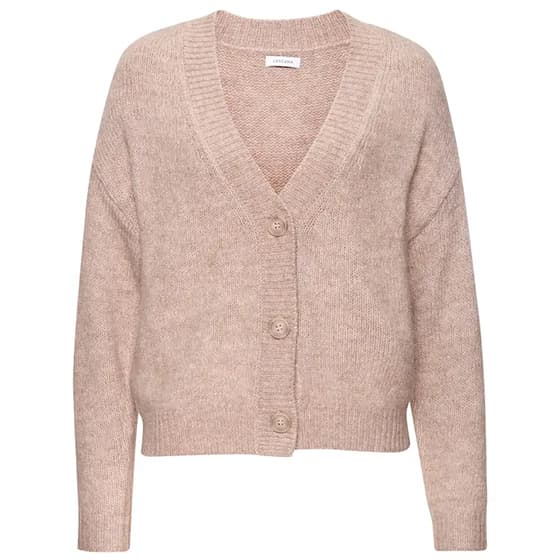 Beiger Cardigan mit V-Ausschnitt und drei Knöpfen vorne, lange Ärmel, lockere Passform