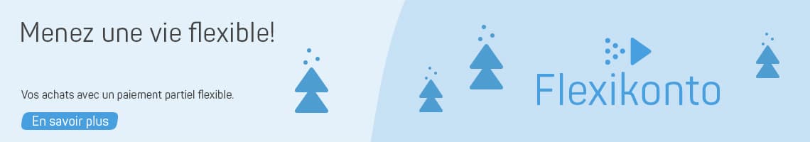 Macht mehr möglich! Flexikonto – Einkaufen mit flexibler Teilzahlung. Mehr Informationen Button, blaue Tannenbäume