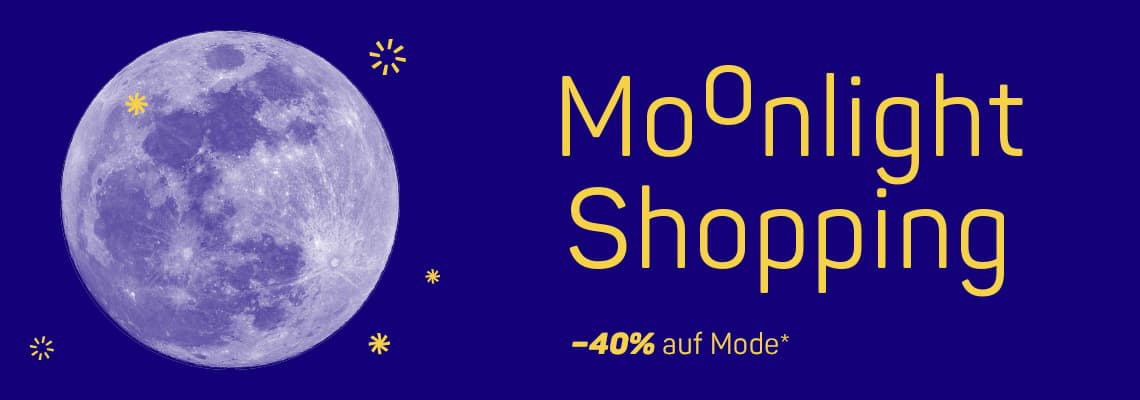 -40 % auf Mode* – Mond vor blauem Hintergrund mit gelbem Text "Moonlight Shopping" und kleinen gelben Sternen