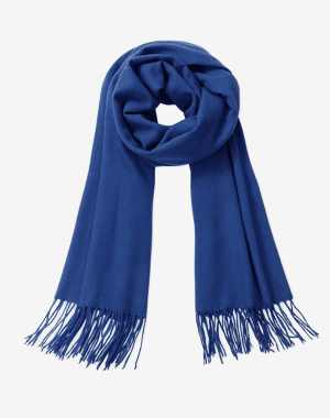 Écharpe longue bleue avec franges aux extrémités, posée à plat