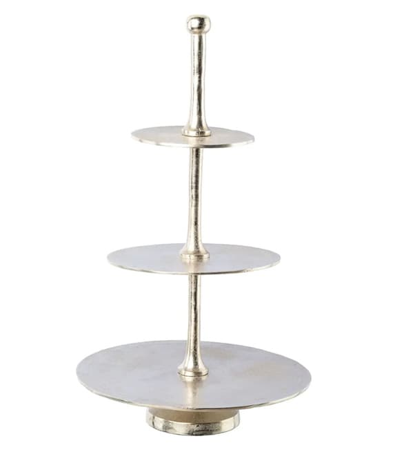 3-stufige Etagere in Silberoptik mit rundem Sockel und zentraler Stange, geeignet für Präsentation von Gebäck oder Obst