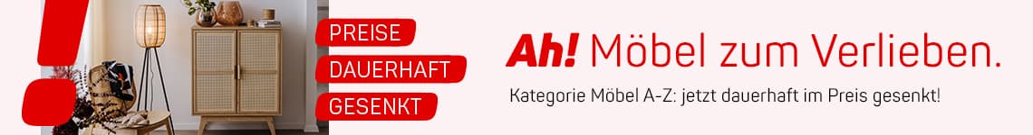 Preise dauerhaft gesenkt – Ah! Möbel zum Verlieben. Kategorie Möbel A-Z: jetzt dauerhaft im Preis gesenkt. Schrank und Lampe im Raum.