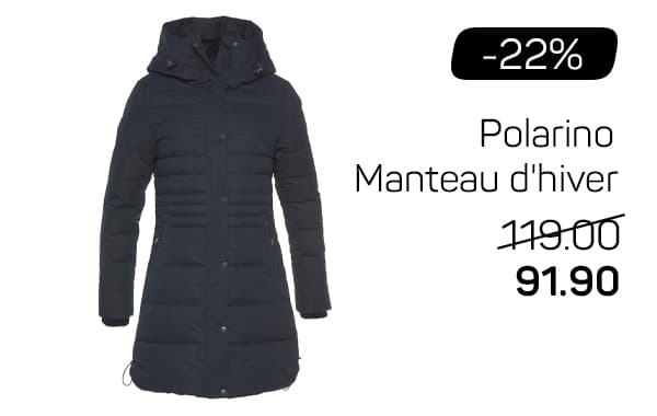 -22% Polarino Manteau d'hiver 119.00 91.90 – Manteau d'hiver long noir avec capuche, présenté de face