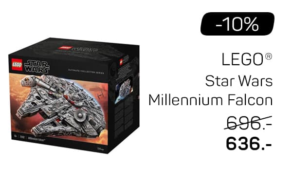 -10% LEGO Star Wars Millennium Falcon – Preis reduziert von 696 € auf 636 € – Bild der LEGO-Verpackung mit Millennium Falcon