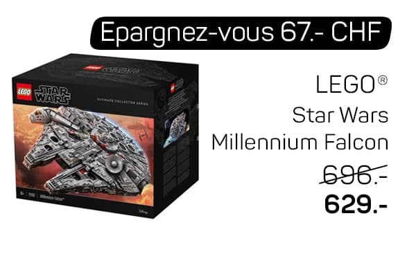 Épargnez-vous 67 CHF - LEGO Star Wars Millennium Falcon à 629 CHF au lieu de 696 CHF, boîte du modèle affichée