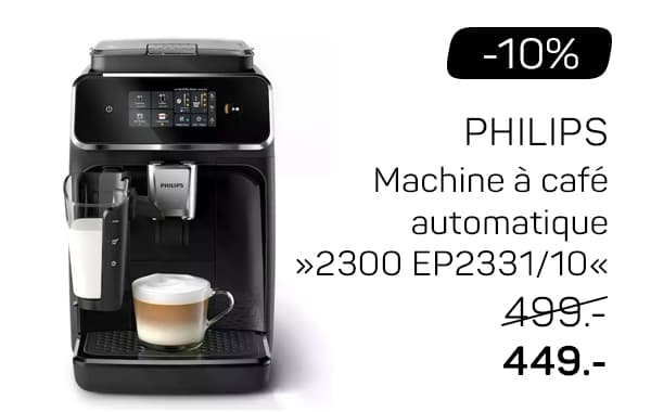-10% PHILIPS Machine à café automatique 2300 EP2331/10, prix réduit à 449 euros. Machine noire avec écran tactile et mousseur à lait.