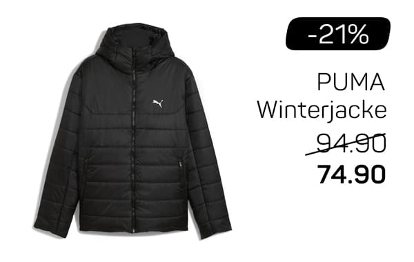 -21 % PUMA Winterjacke für 74.90 – Schwarze Steppjacke mit Kapuze und PUMA-Logo auf der Brust