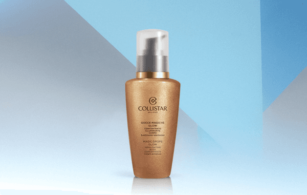 Collistar Magic Drops Glow – Flasche mit Pumpspender vor blauem und grauem Hintergrund