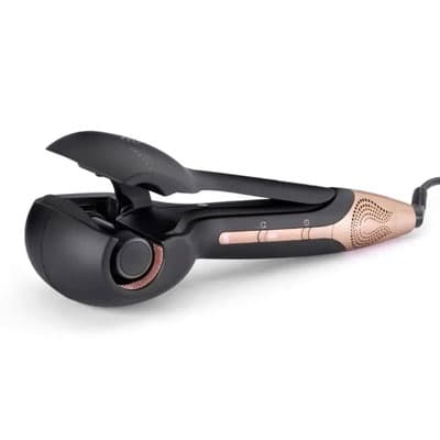 Schwarzer automatischer Lockenstab mit roségoldenen Akzenten auf weißem Hintergrund.