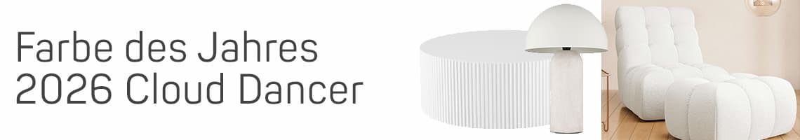 Farbe des Jahres 2026 Cloud Dancer – Weiße Möbel und Lampe vor hellem Hintergrund