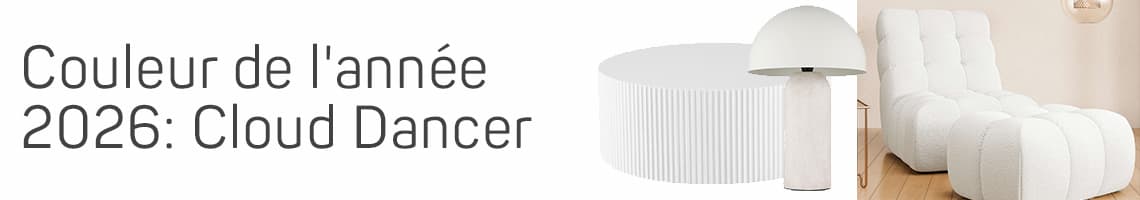 Couleur de l'année 2026: Cloud Dancer – Lampe moderne, table basse arrondie et fauteuil capitonné blanc