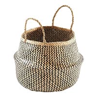 Geflochtener Korb mit zwei Griffen, schwarz-weiß gemustert