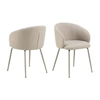 Zwei beige Stühle mit Rückenlehne und schlanken Metallbeinen, einer frontal und einer seitlich gezeigt.