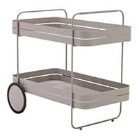 Moderner grauer Servierwagen mit zwei Ablagen und großen schwarzen Rädern