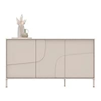 Beige Kommode mit abstraktem Design, Dekorationsobjekte obenauf, darunter eine Vase mit getrockneten Pflanzen.