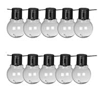 Zwei Reihen von klaren Glühbirnen an einer schwarzen Schnur.