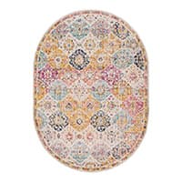 Ovaler Teppich mit buntem, geometrischem Muster in verschiedenen Farben