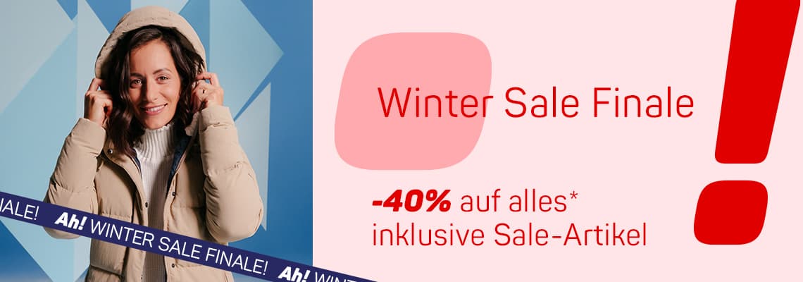Winter Sale Finale -40 % auf alles* inklusive Sale-Artikel. Person im Wintermantel hält Kapuze.