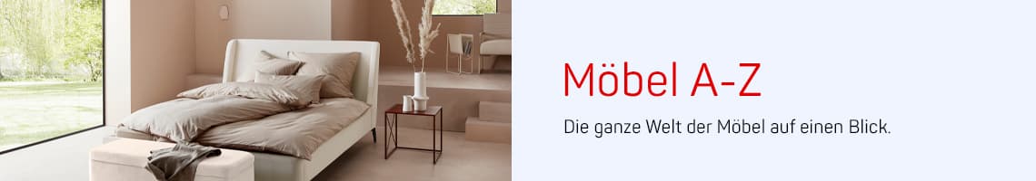 Möbel A-Z – Die ganze Welt der Möbel auf einen Blick. Modernes Schlafzimmer mit Doppelbett und Beistelltisch.