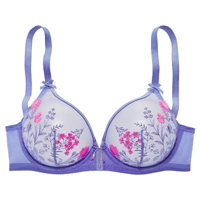 Lila BH mit rosafarbenem Blumenmuster und transparenten Cups, Vorderansicht