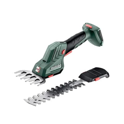 Akku-Grasschere in Grün mit zwei austauschbaren Schneidaufsätzen vor weißem Hintergrund