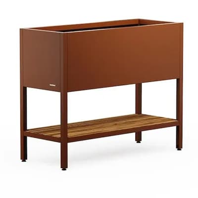 Rechteckiges Hochbeet auf vier Beinen mit offenem Pflanzkasten und Ablageboden aus Holzlatten darunter