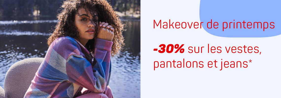Makeover de printemps - 30% sur les vestes, pantalons et jeans. Personne assise au bord d'un lac.