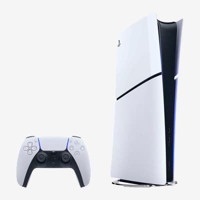 Spielkonsole und Controller in Weiß und Schwarz, aufrecht stehend