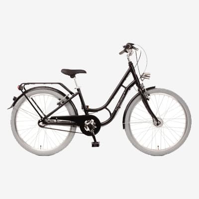 Vélo noir à cadre bas avec porte-bagages arrière, guidon droit et pneus gris, vu de côté.