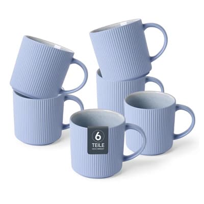 6 Teile – Sechs blaue Tassen mit geriffelter Oberfläche, stapelbar