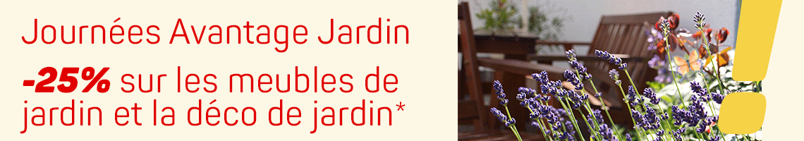-25% sur les meubles de jardin et la déco de jardin – Journées Avantage Jardin, avec fleurs en avant-plan et meubles en arrière-plan